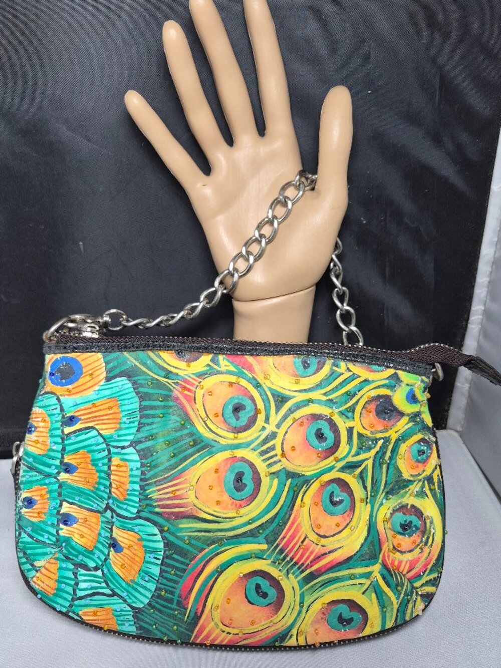 Sharif New York Hand Painted Leather Peacock Feather Clutch Bag 9" x 7" expands